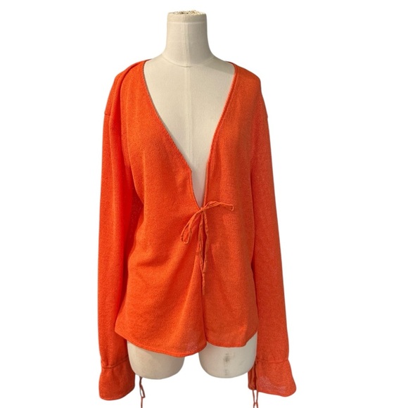 FREE PEOPLE - Hello Hacci Cardigan Front Tie Bright Orange Long Sleeve Top Large - Picture 1 of 5